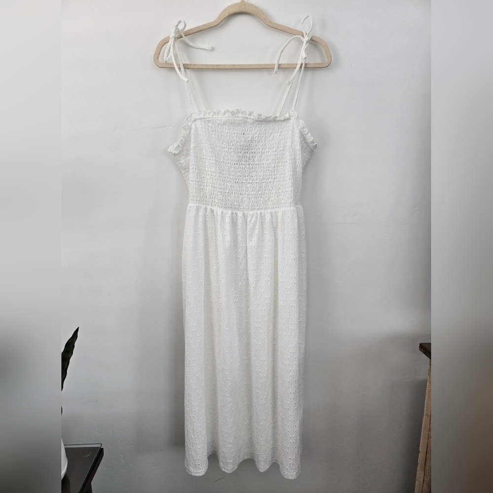 Divided H&M White Size Large Tie-strap smocked midi dress. New.